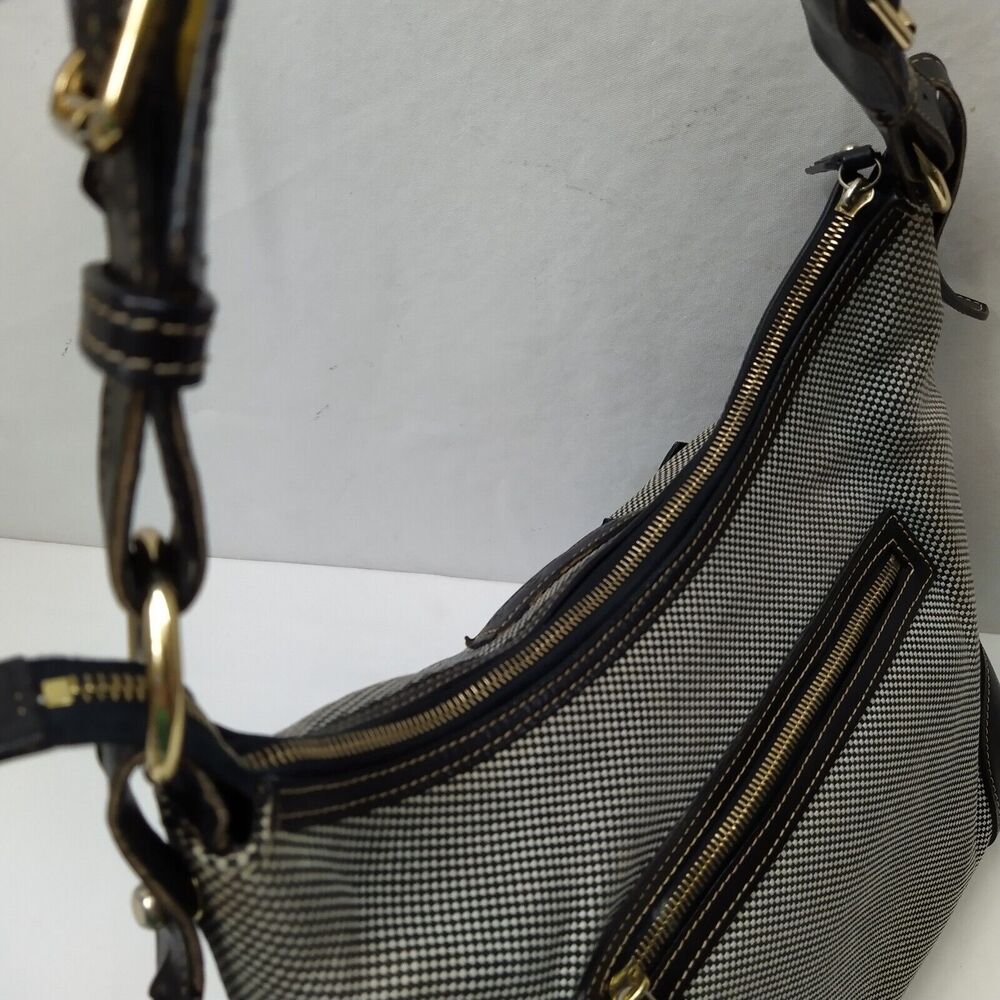 Dooney & Bourke Gray Canvas Leather Trim Front Pockets Zipper Hobo Shoulder Bag - Picture 9 of 16